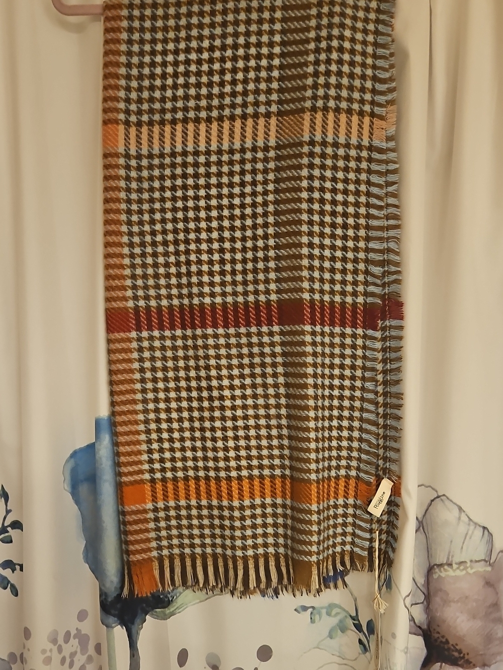 Plaid Houndstooth Fringe Scarf - Brown, Orange, Red, Light Blue